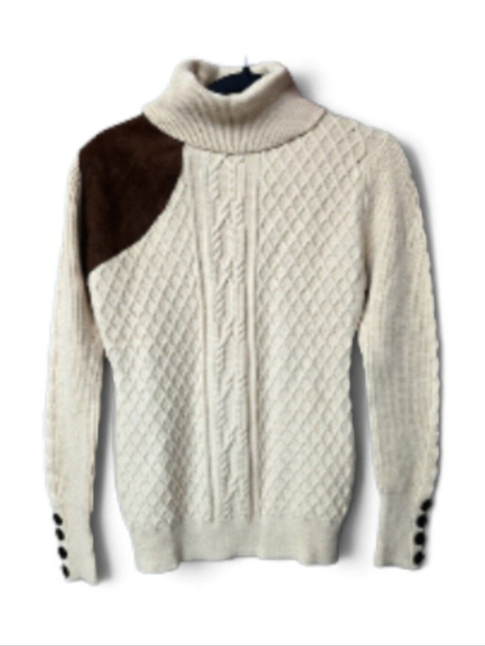 Novelle Fashion Cable Knit Turtleneck Sweater Suede Shoulder Patch Cream M NWT